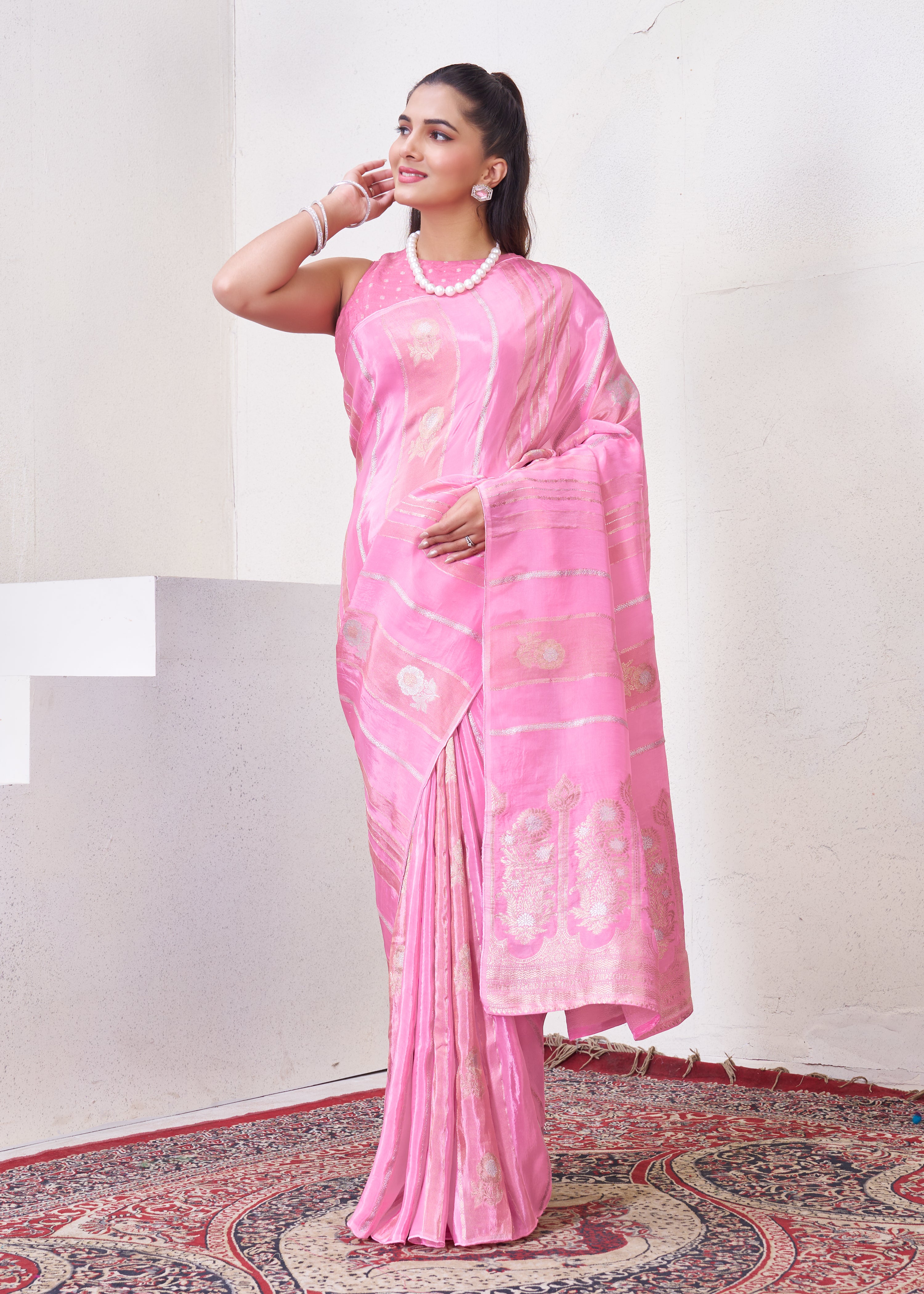 Baby Pink Katan Silk Saree With Zari Borders