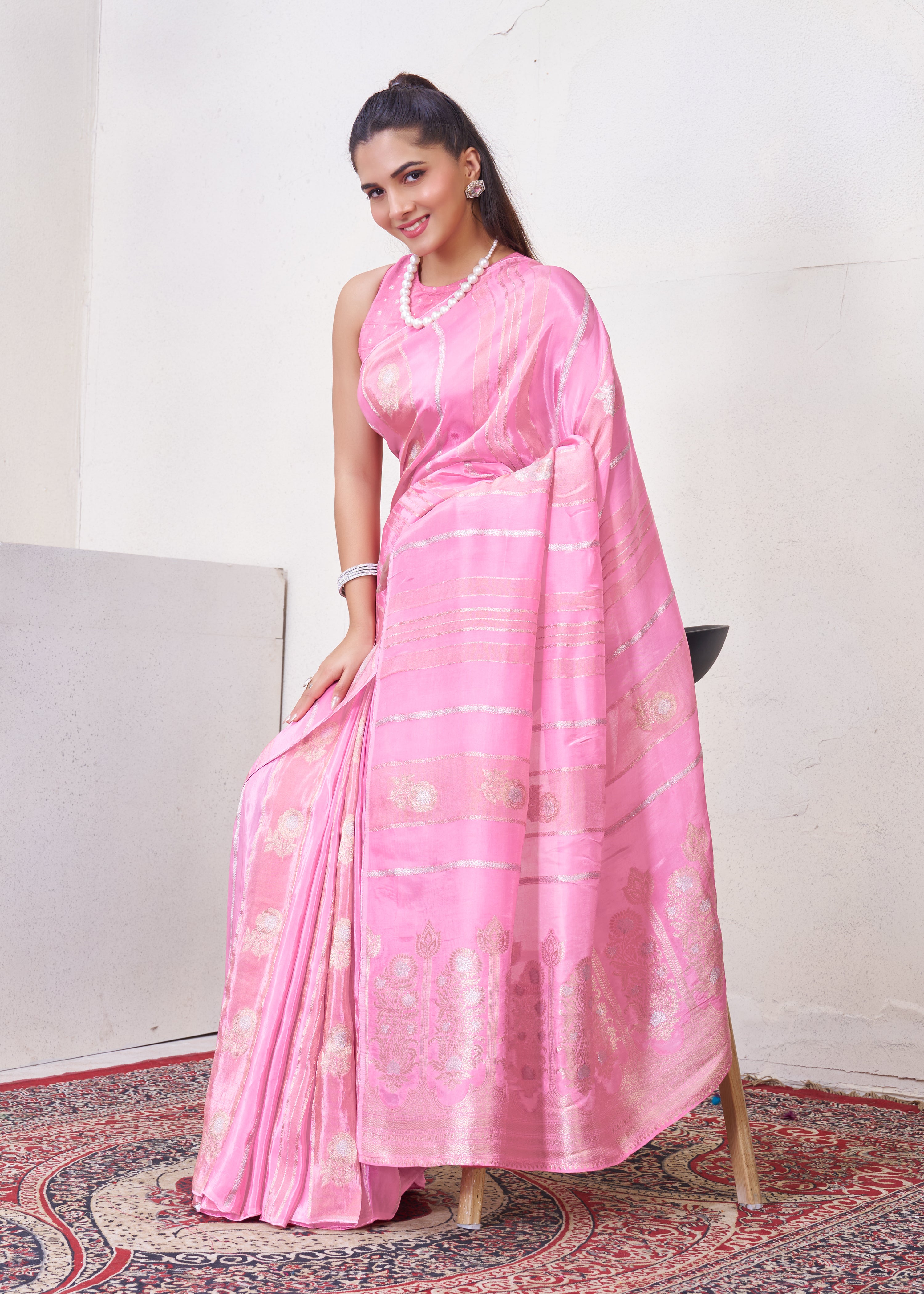 Baby Pink Katan Silk Saree With Zari Borders