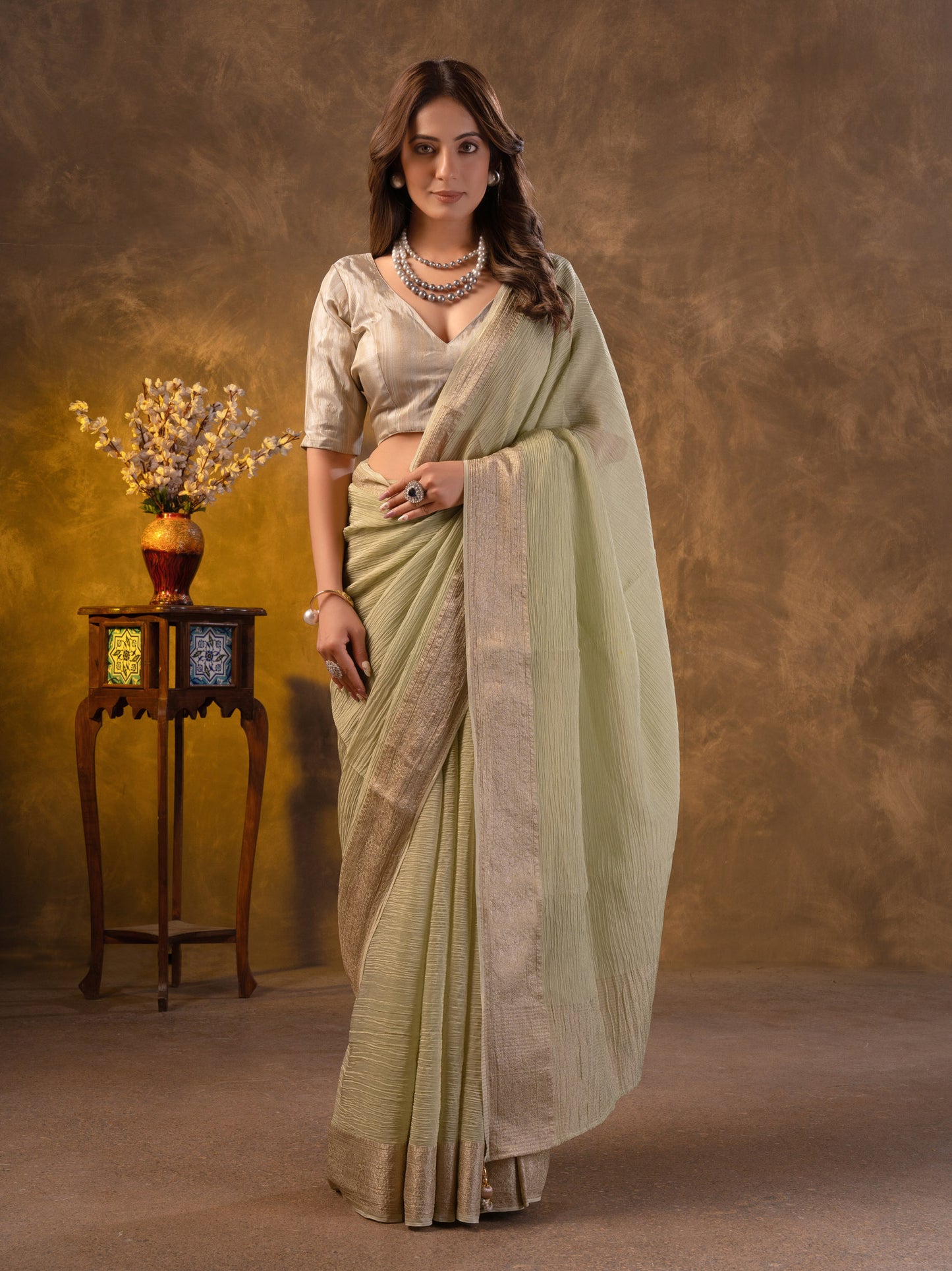 Pista green Tissue Silk Saree With Zari Borders