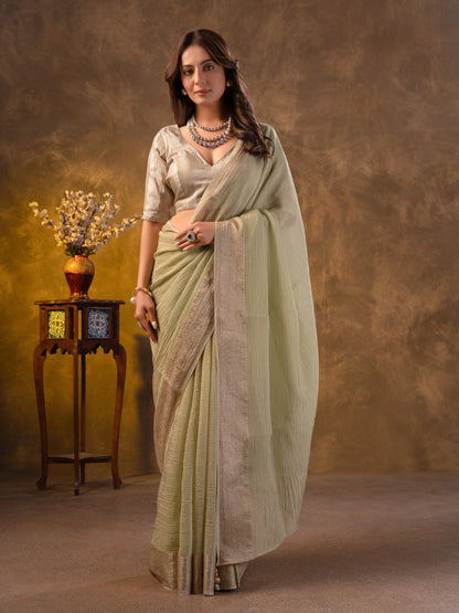 Pista green Tissue Silk Saree With Zari Borders