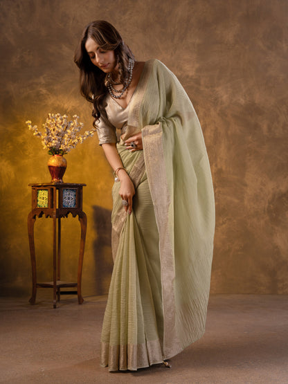 Pista green Tissue Silk Saree With Zari Borders