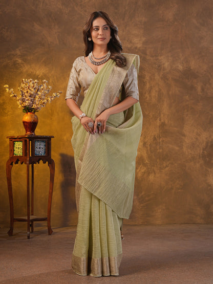 Pista green Tissue Silk Saree With Zari Borders