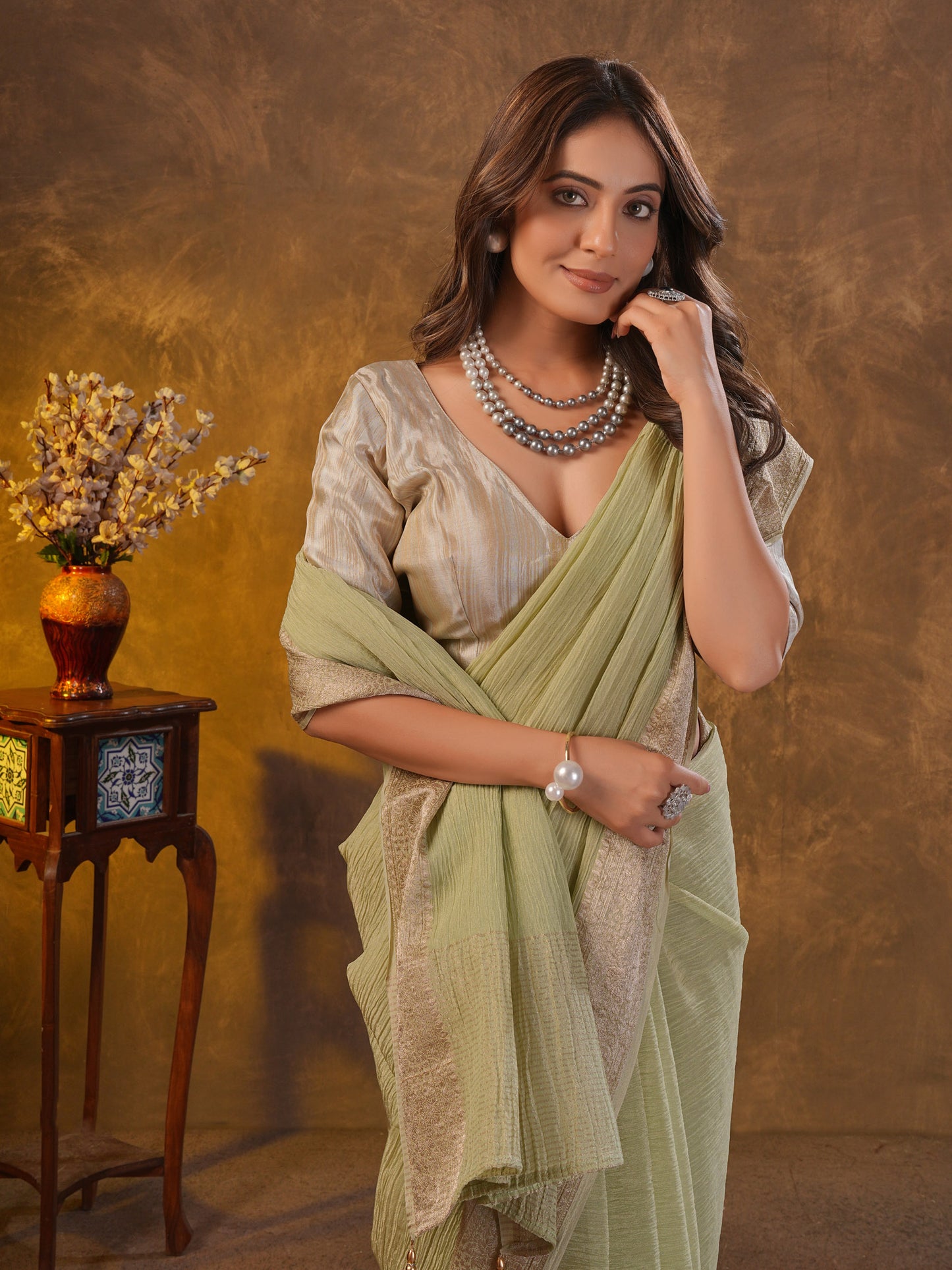 Pista green Tissue Silk Saree With Zari Borders