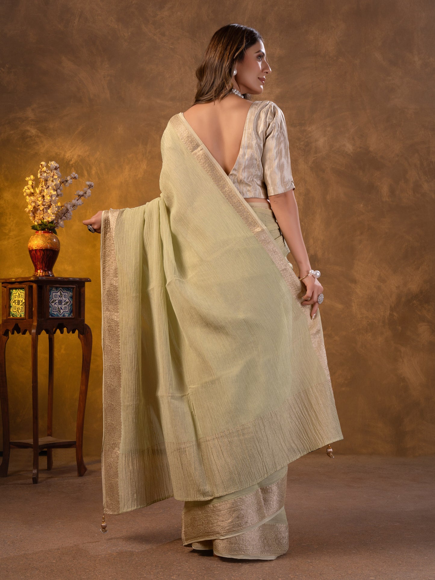 Pista green Tissue Silk Saree With Zari Borders
