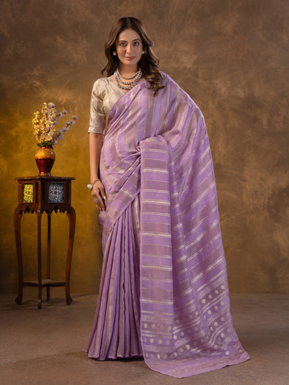 Pastel Lavender Tissue Silk Saree With Zari Borders
