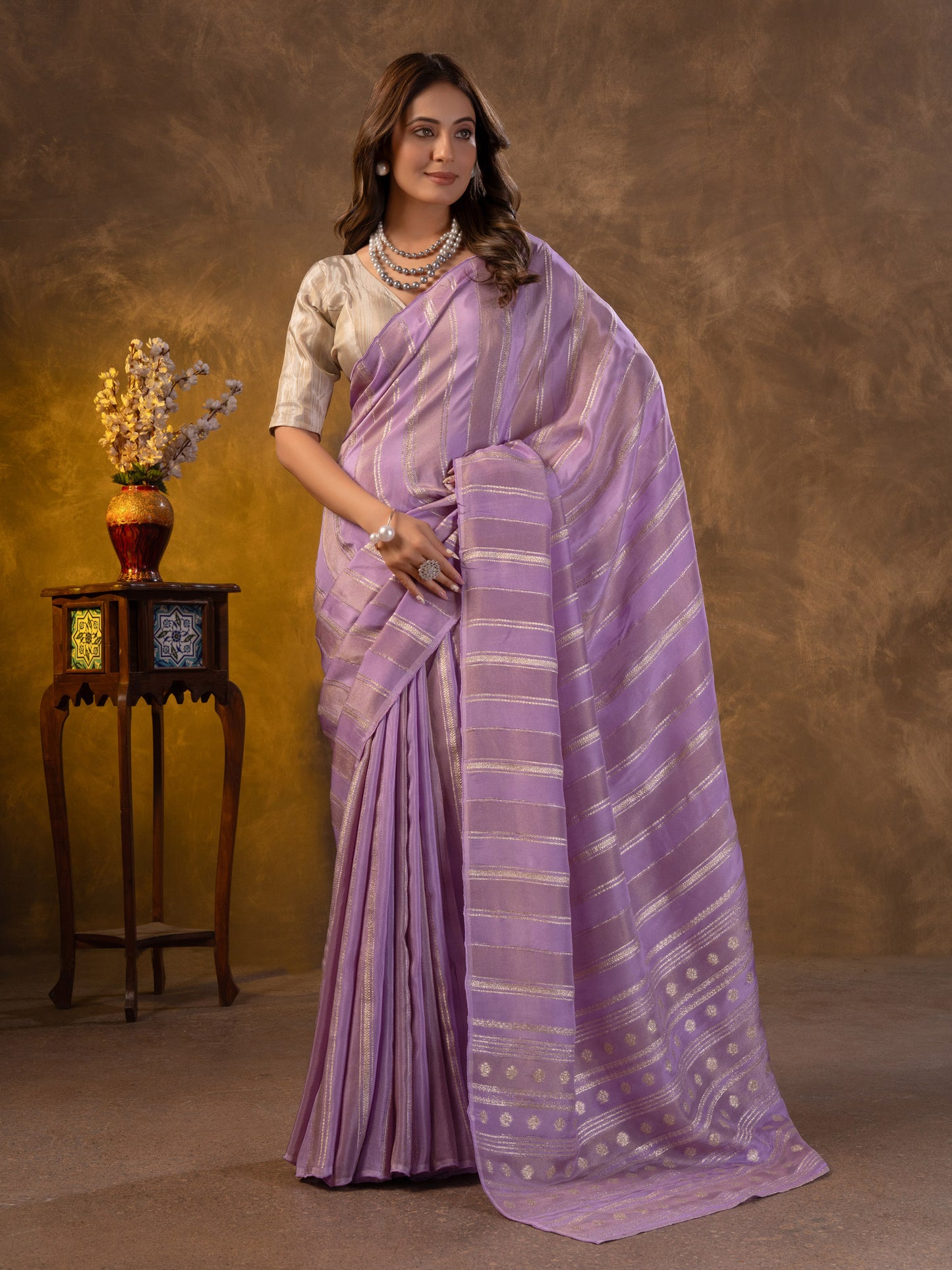 Pastel Lavender Tissue Silk Saree With Zari Borders