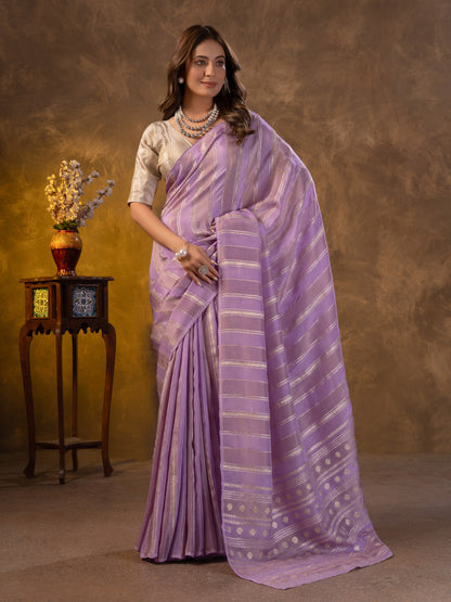 Pastel Lavender Tissue Silk Saree With Zari Borders