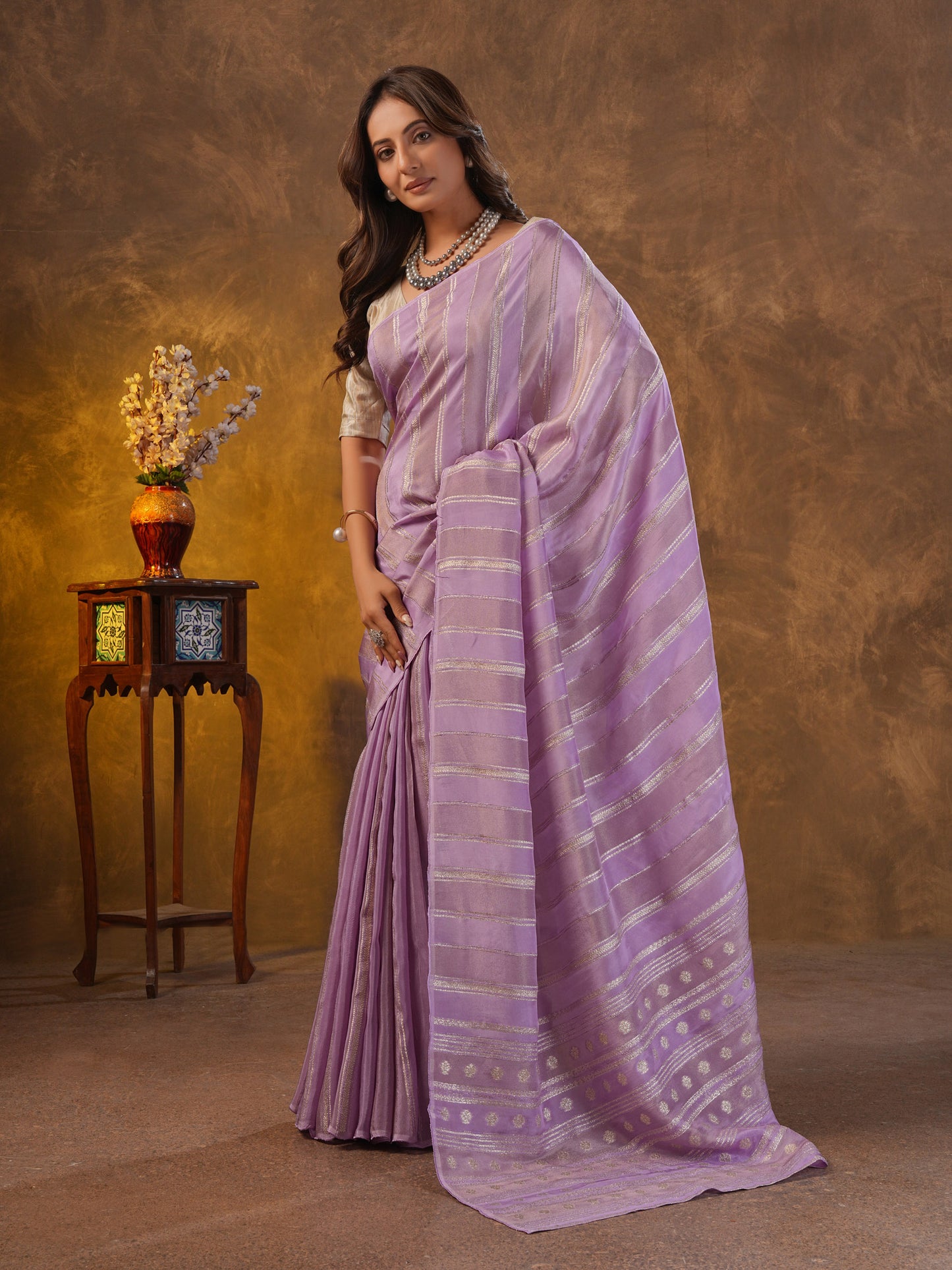 Pastel Lavender Tissue Silk Saree With Zari Borders