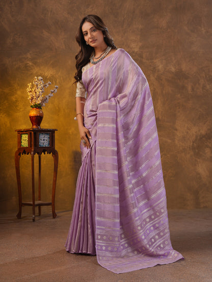 Pastel Lavender Tissue Silk Saree With Zari Borders