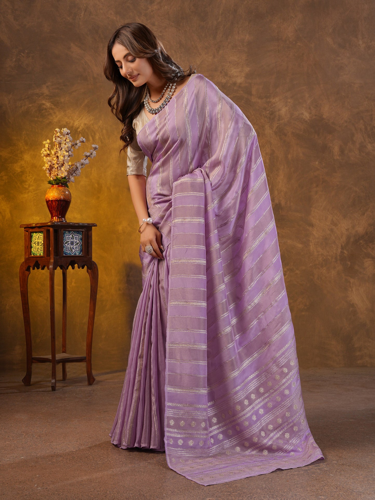 Pastel Lavender Tissue Silk Saree With Zari Borders