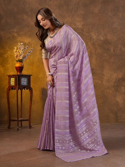 Pastel Lavender Tissue Silk Saree With Zari Borders