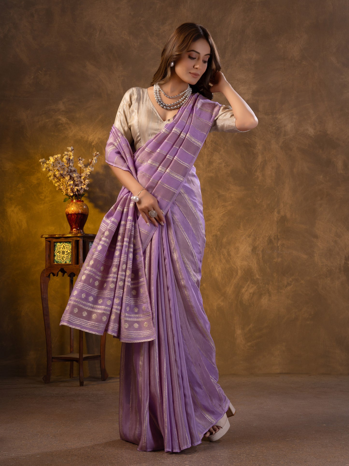 Pastel Lavender Tissue Silk Saree With Zari Borders