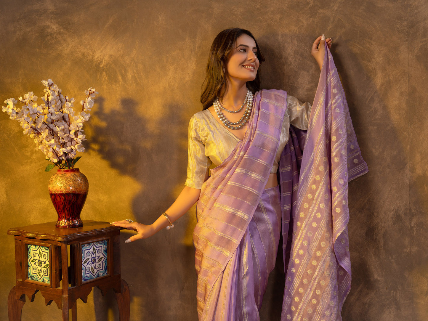 Pastel Lavender Tissue Silk Saree With Zari Borders