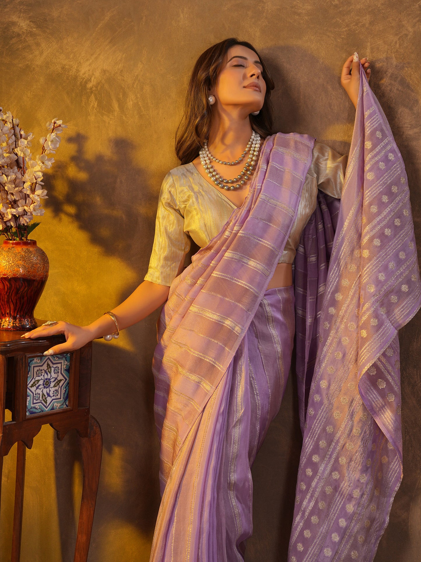 Pastel Lavender Tissue Silk Saree With Zari Borders