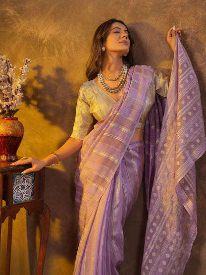 Pastel Lavender Tissue Silk Saree With Zari Borders