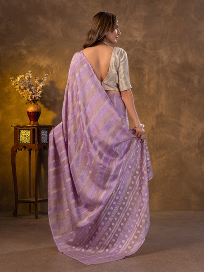 Pastel Lavender Tissue Silk Saree With Zari Borders