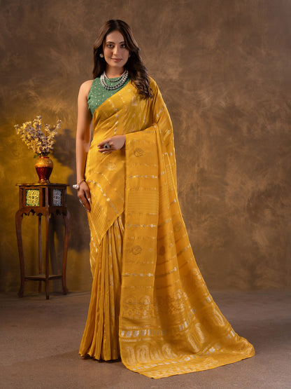 Yellow Katan Silk Saree With Zari Borders
