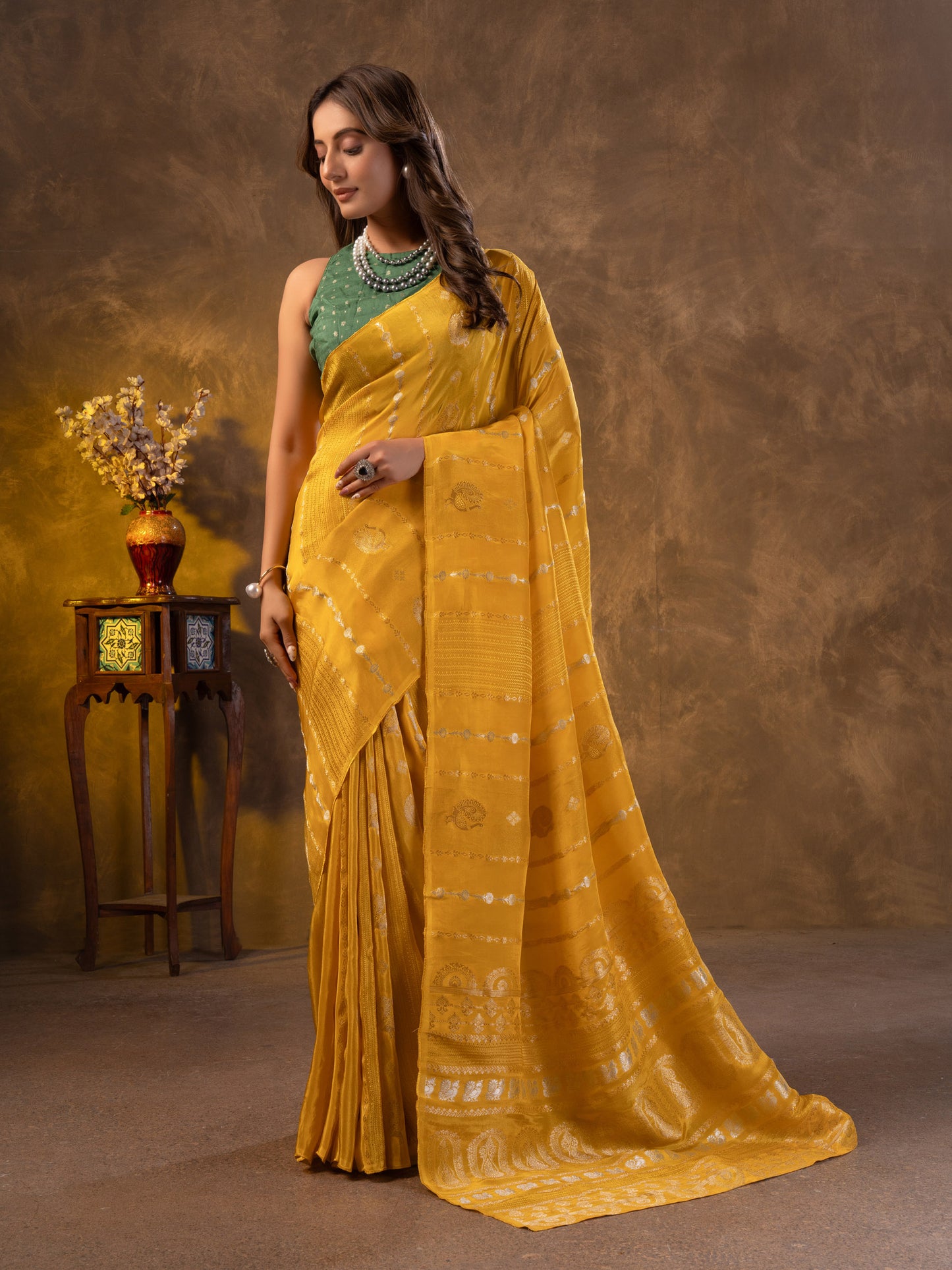 Yellow Katan Silk Saree With Zari Borders