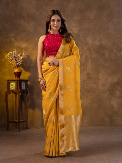 Yellow Dola Silk Saree With Zari Borders