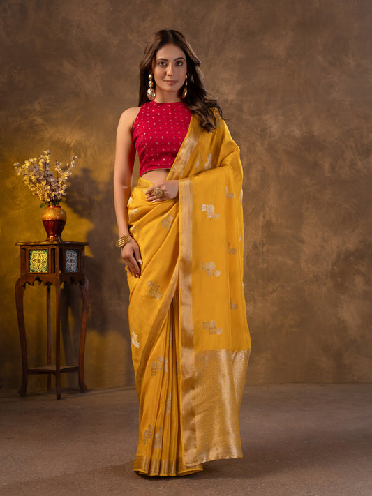 Yellow Dola Silk Saree With Zari Borders