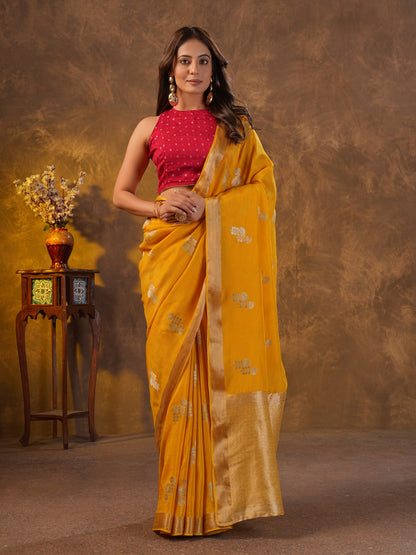 Yellow Dola Silk Saree With Zari Borders
