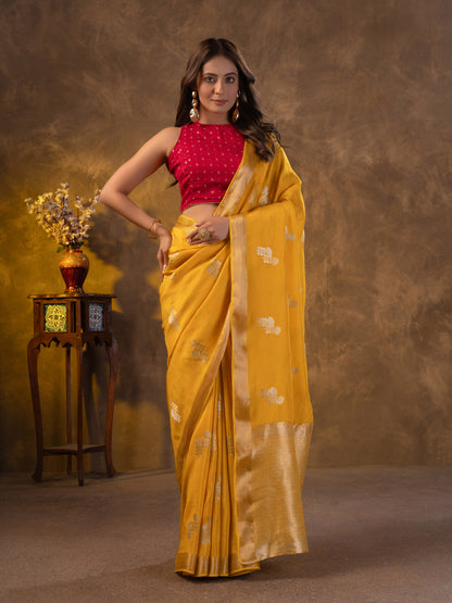 Yellow Dola Silk Saree With Zari Borders