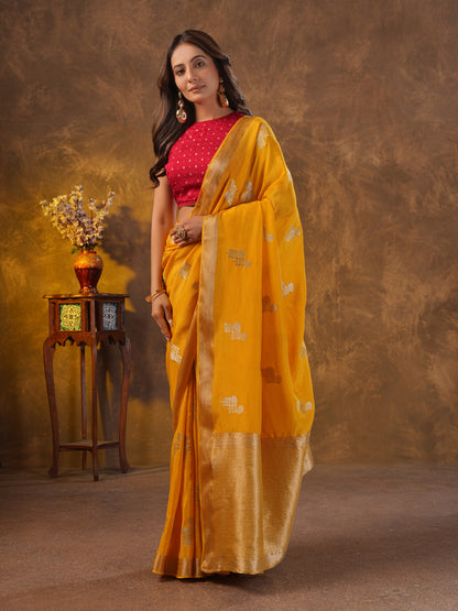Yellow Dola Silk Saree With Zari Borders