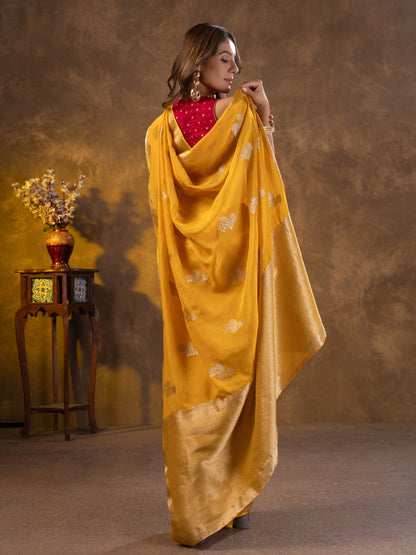Yellow Dola Silk Saree With Zari Borders