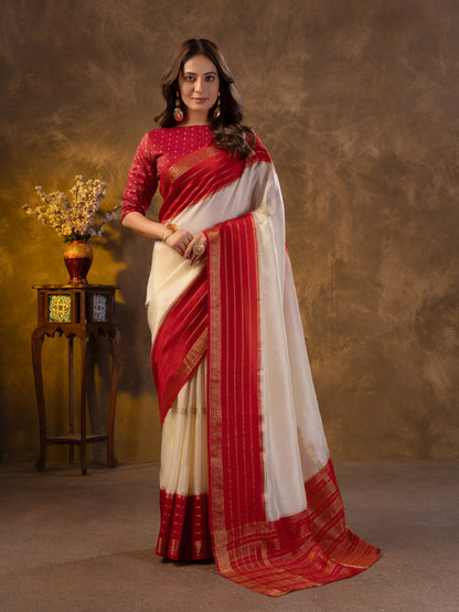 Red & White Dola Silk Saree With Zari Borders