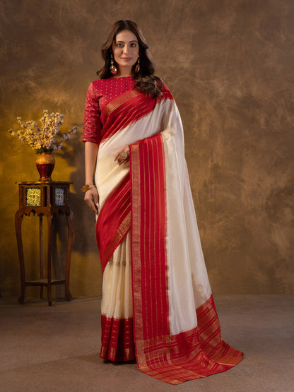 Red & White Dola Silk Saree With Zari Borders