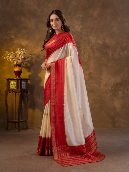 Red & White Dola Silk Saree With Zari Borders