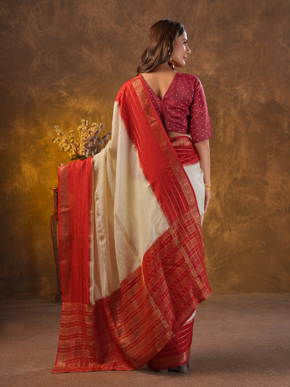 Red & White Dola Silk Saree With Zari Borders