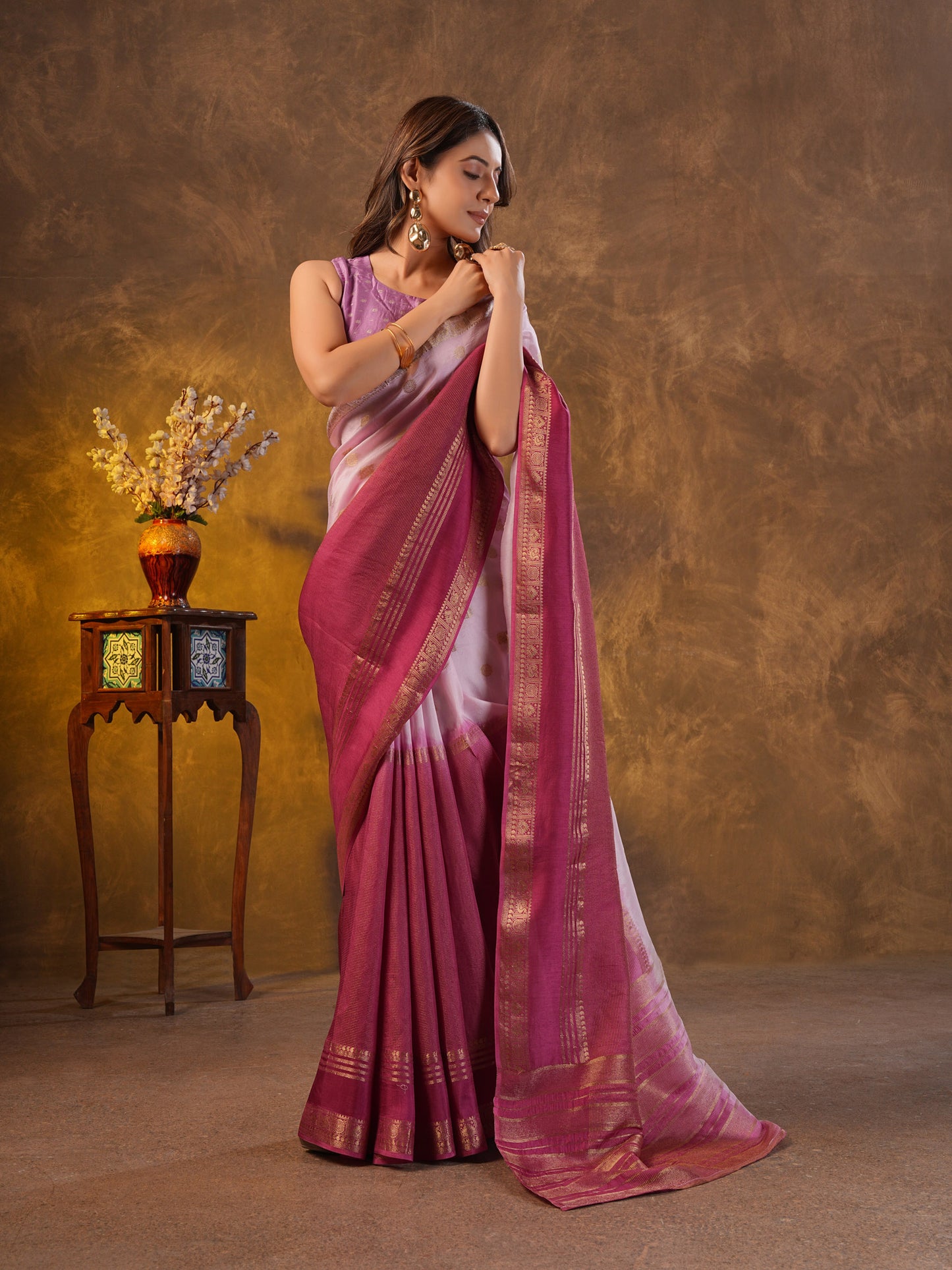 Purple Ombre Dola Silk Saree With Zari Borders