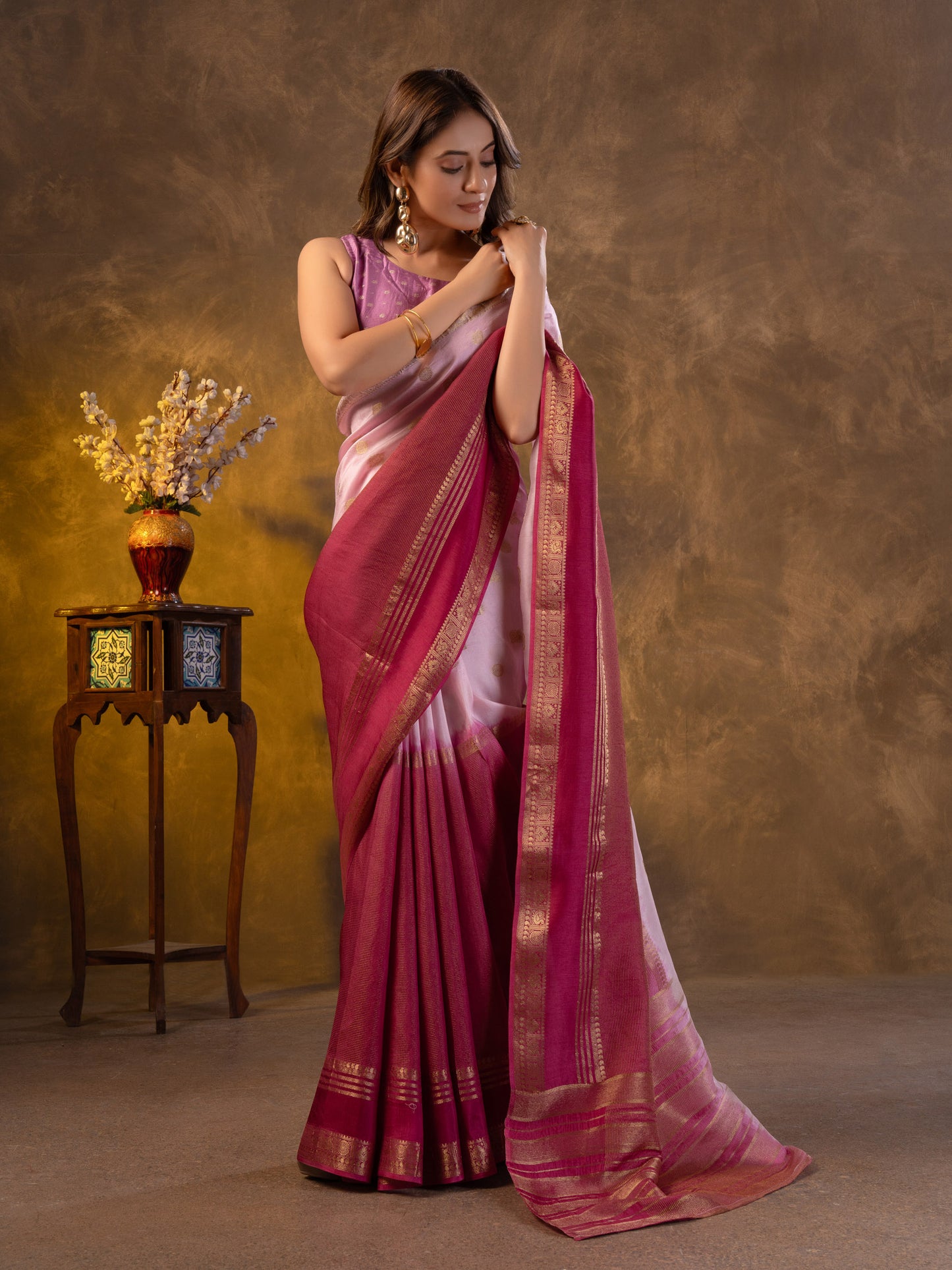 Purple Ombre Dola Silk Saree With Zari Borders