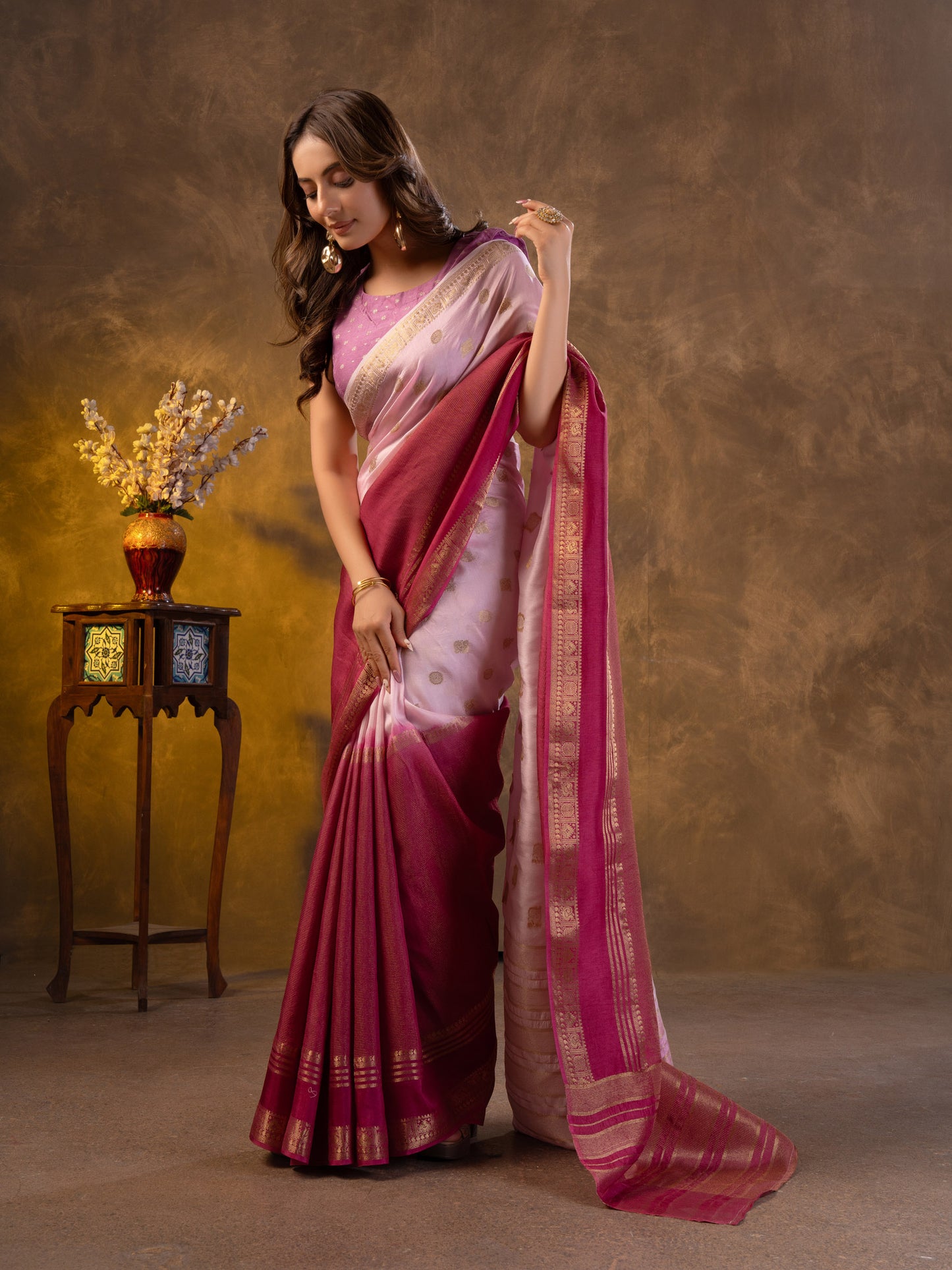 Purple Ombre Dola Silk Saree With Zari Borders