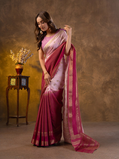 Purple Ombre Dola Silk Saree With Zari Borders
