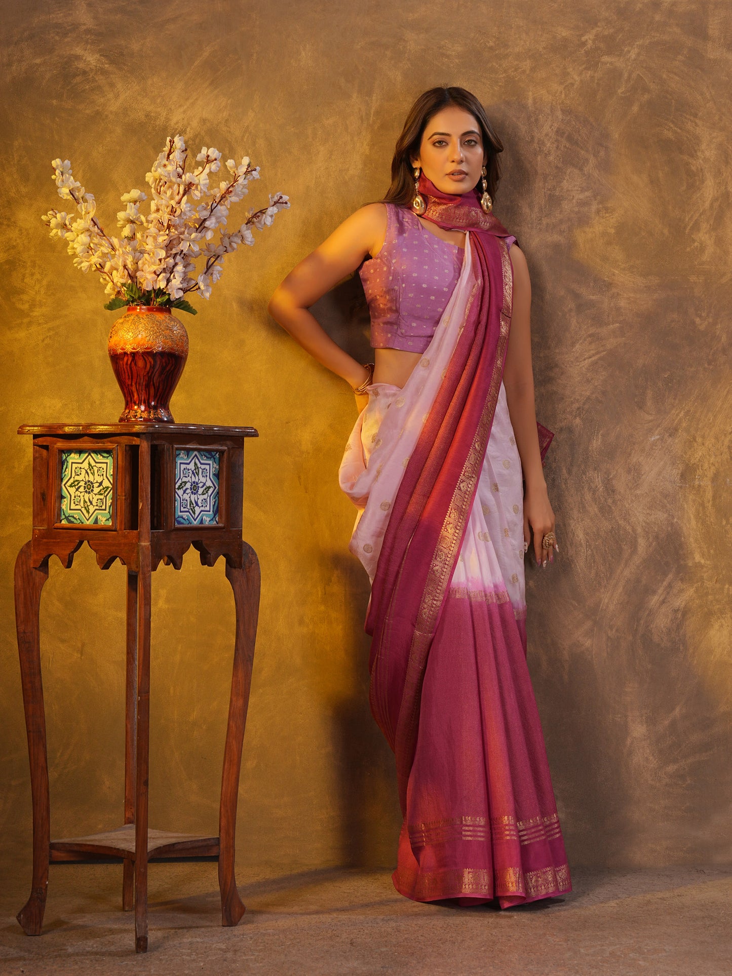 Purple Ombre Dola Silk Saree With Zari Borders