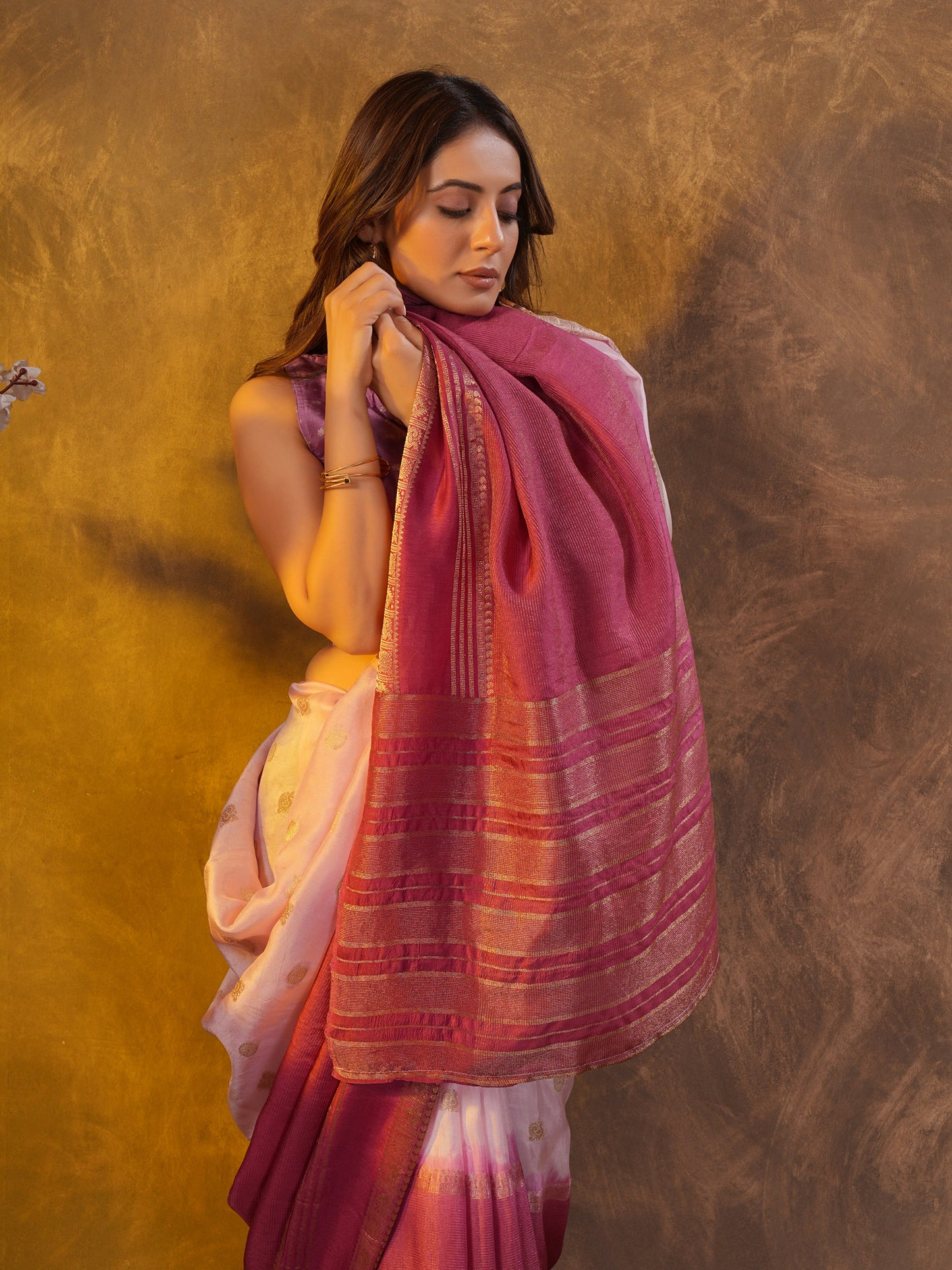 Purple Ombre Dola Silk Saree With Zari Borders