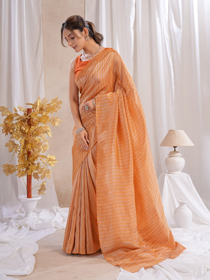 Rust Orange Tissue Silk Saree With Zari Borders