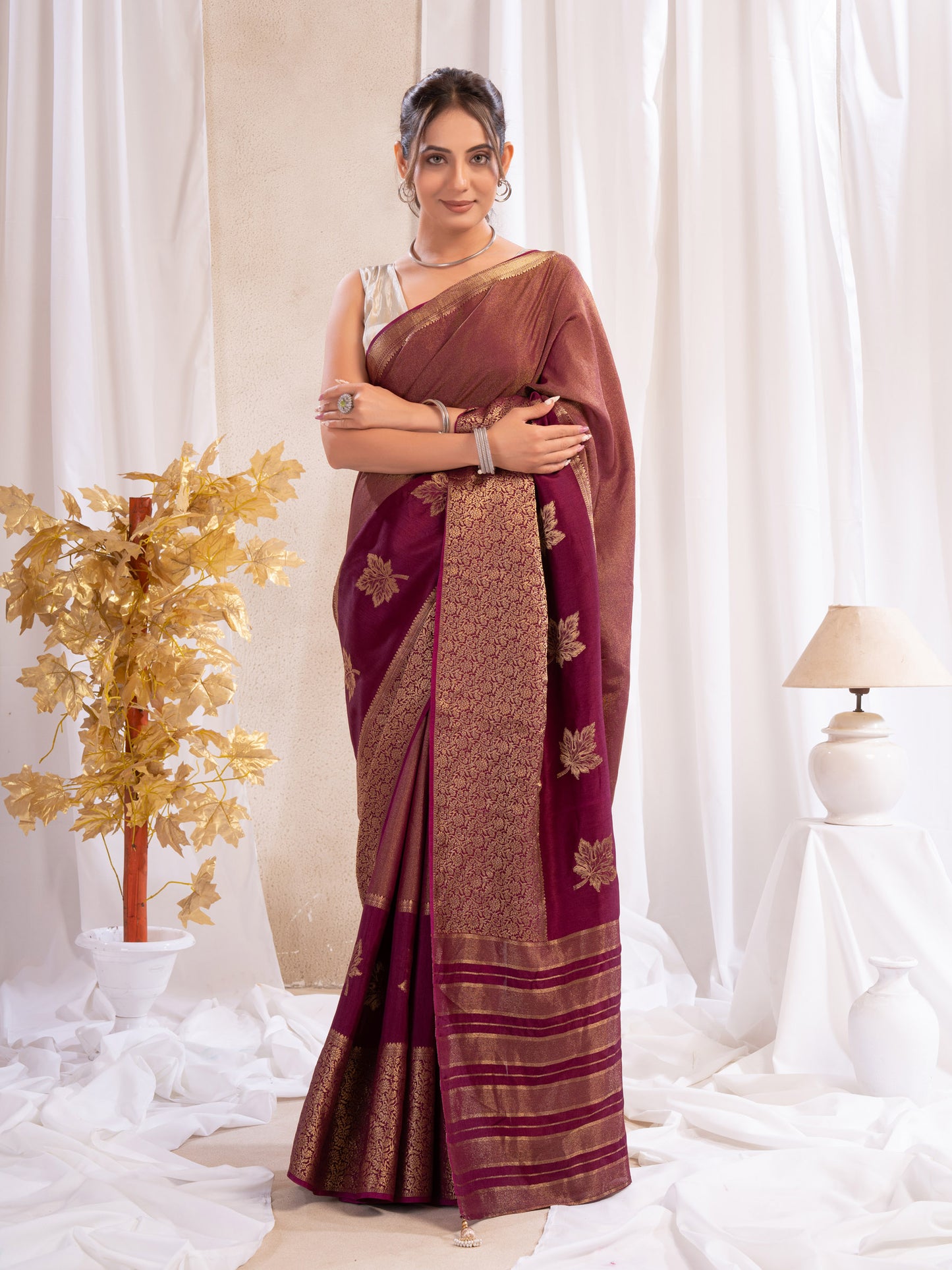 Wine Tissue Silk Saree With Zari Borders
