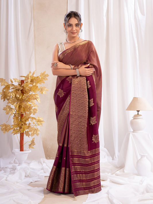 Wine Tissue Silk Saree With Zari Borders
