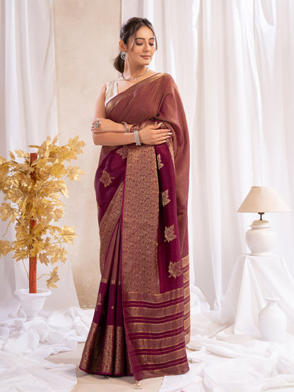 Wine Tissue Silk Saree With Zari Borders