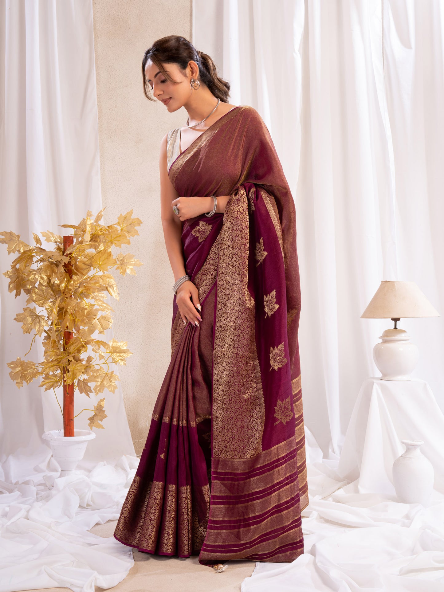 Wine Tissue Silk Saree With Zari Borders