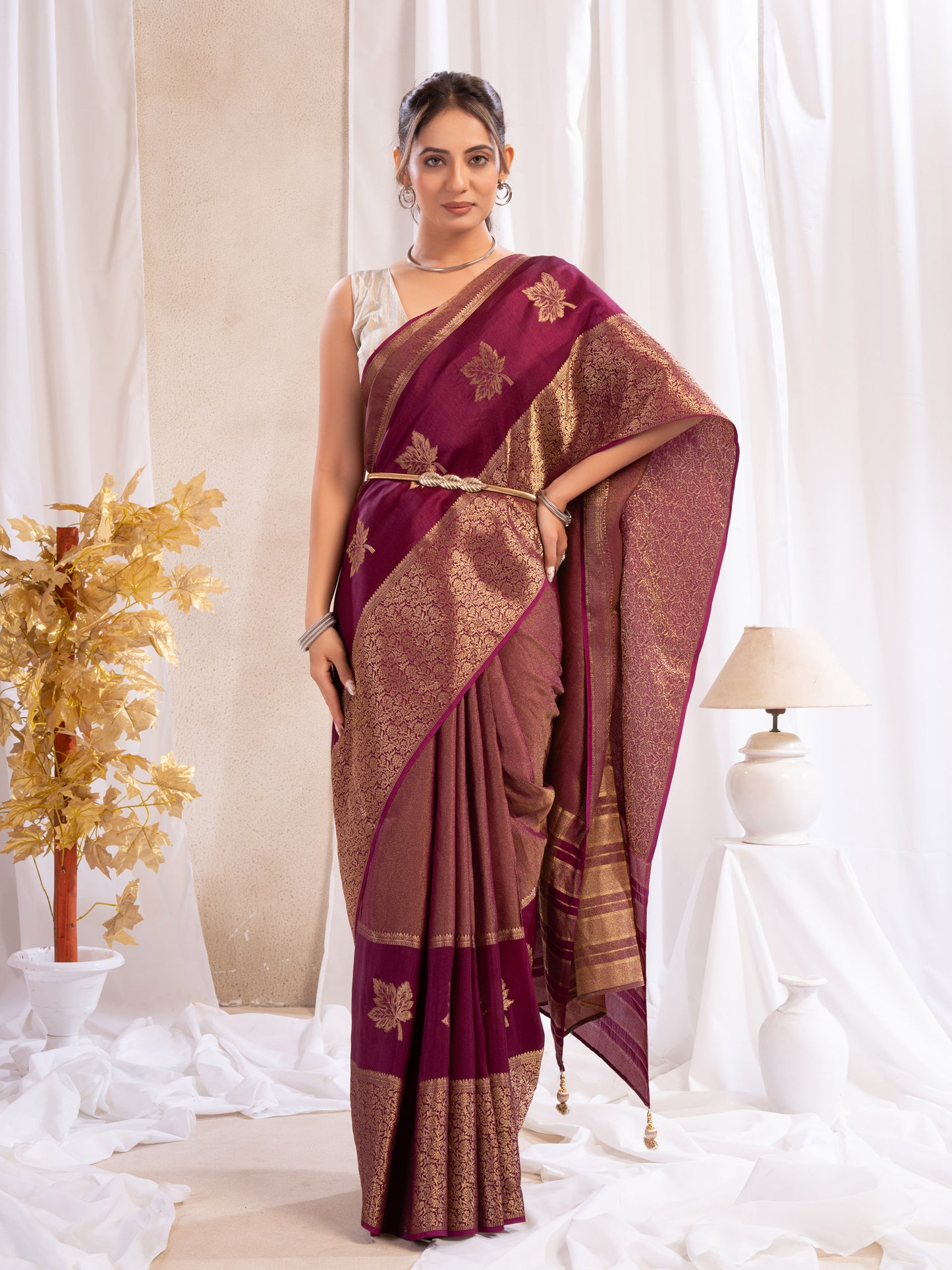 Wine Tissue Silk Saree With Zari Borders