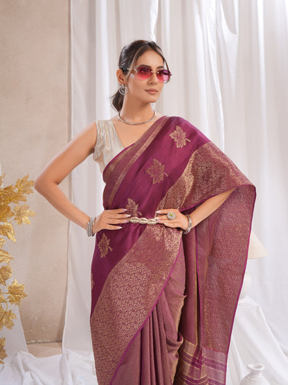 Wine Tissue Silk Saree With Zari Borders