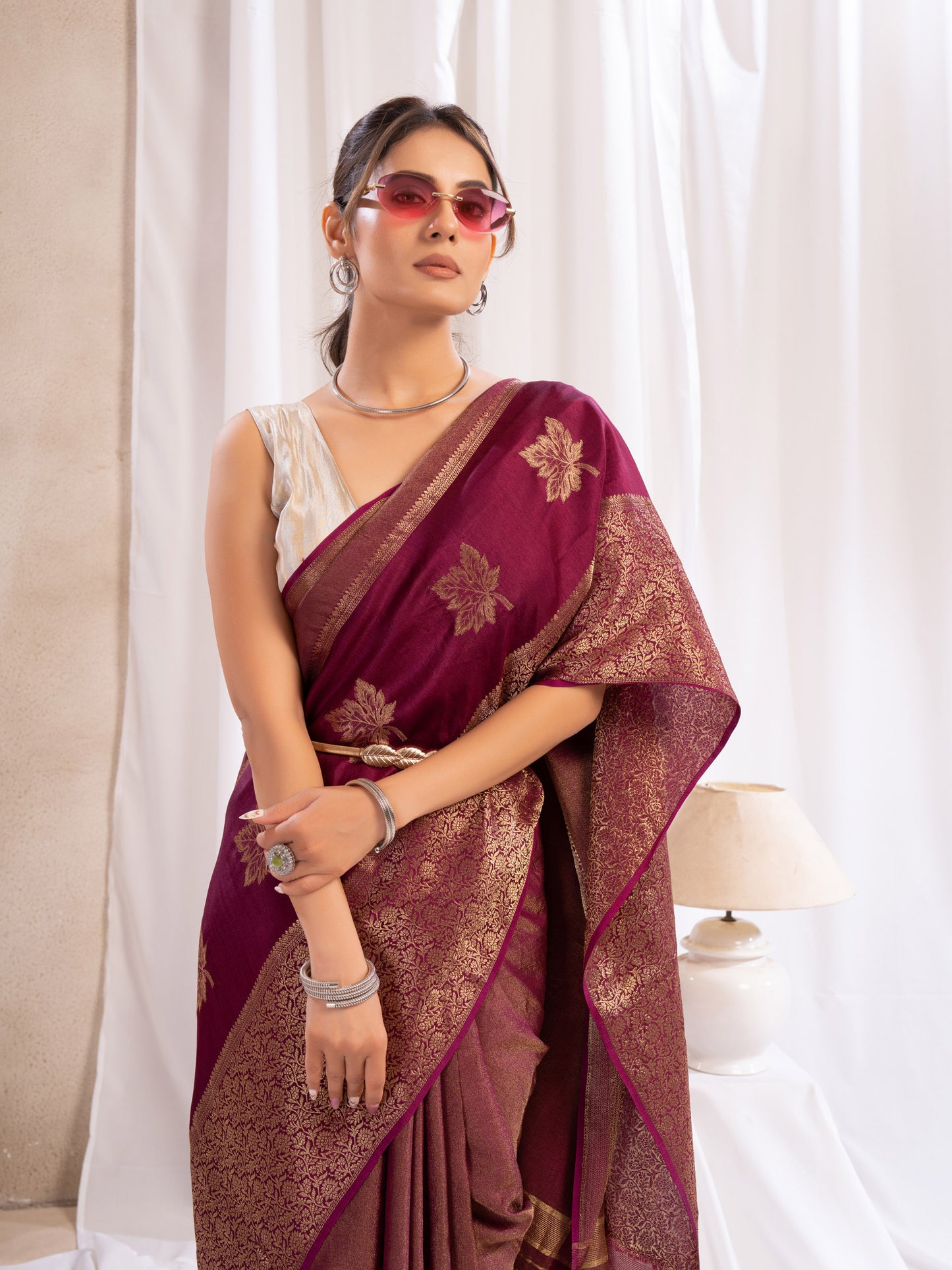 Wine Tissue Silk Saree With Zari Borders