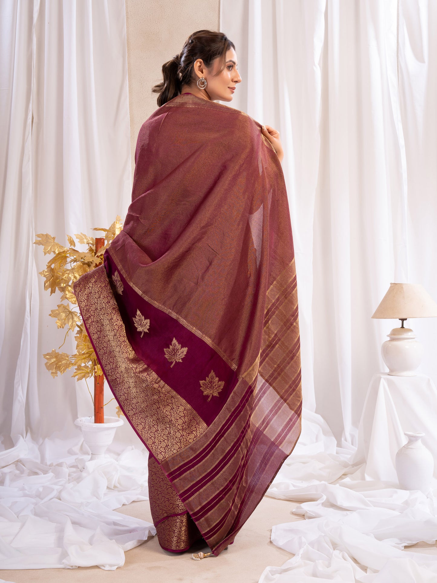 Wine Tissue Silk Saree With Zari Borders