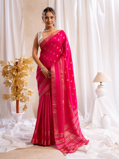 Rani Pink Dola Silk Saree With Zari Borders)