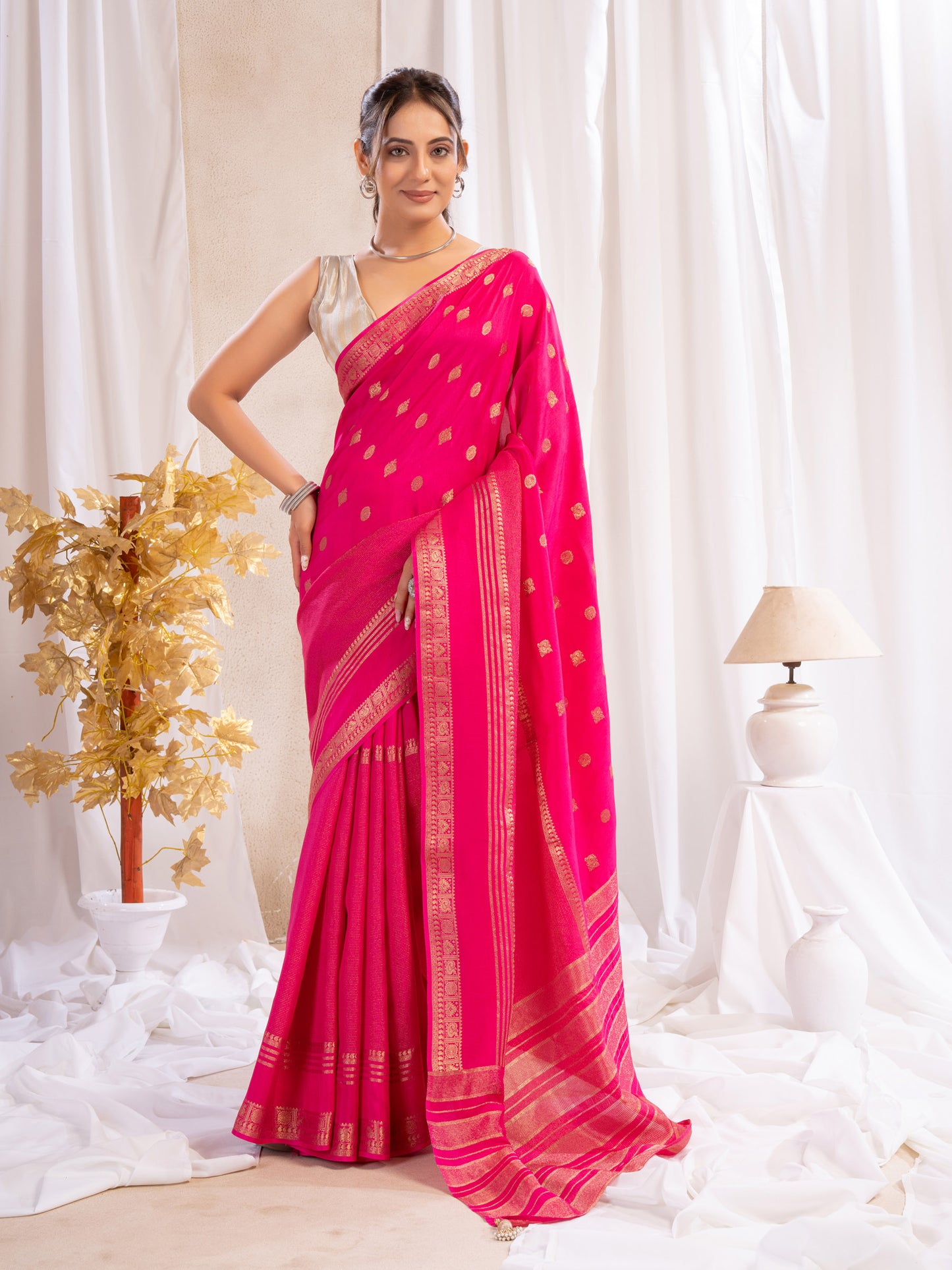 Rani Pink Dola Silk Saree With Zari Borders)
