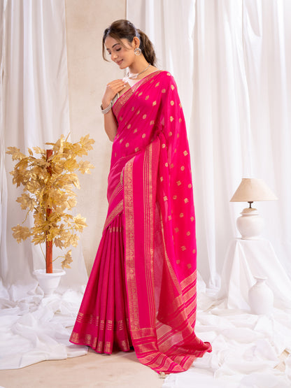 Rani Pink Dola Silk Saree With Zari Borders)